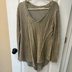 Olive Green Long V Neck Terrycloth Frayed Sweater